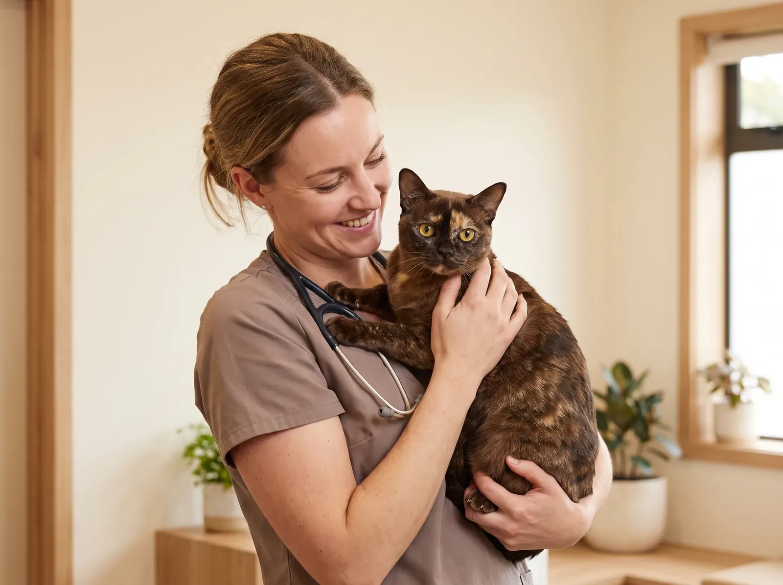 Burmese, a brown tortie cat held against the shoulder of a smiling vet in taupe scrubs