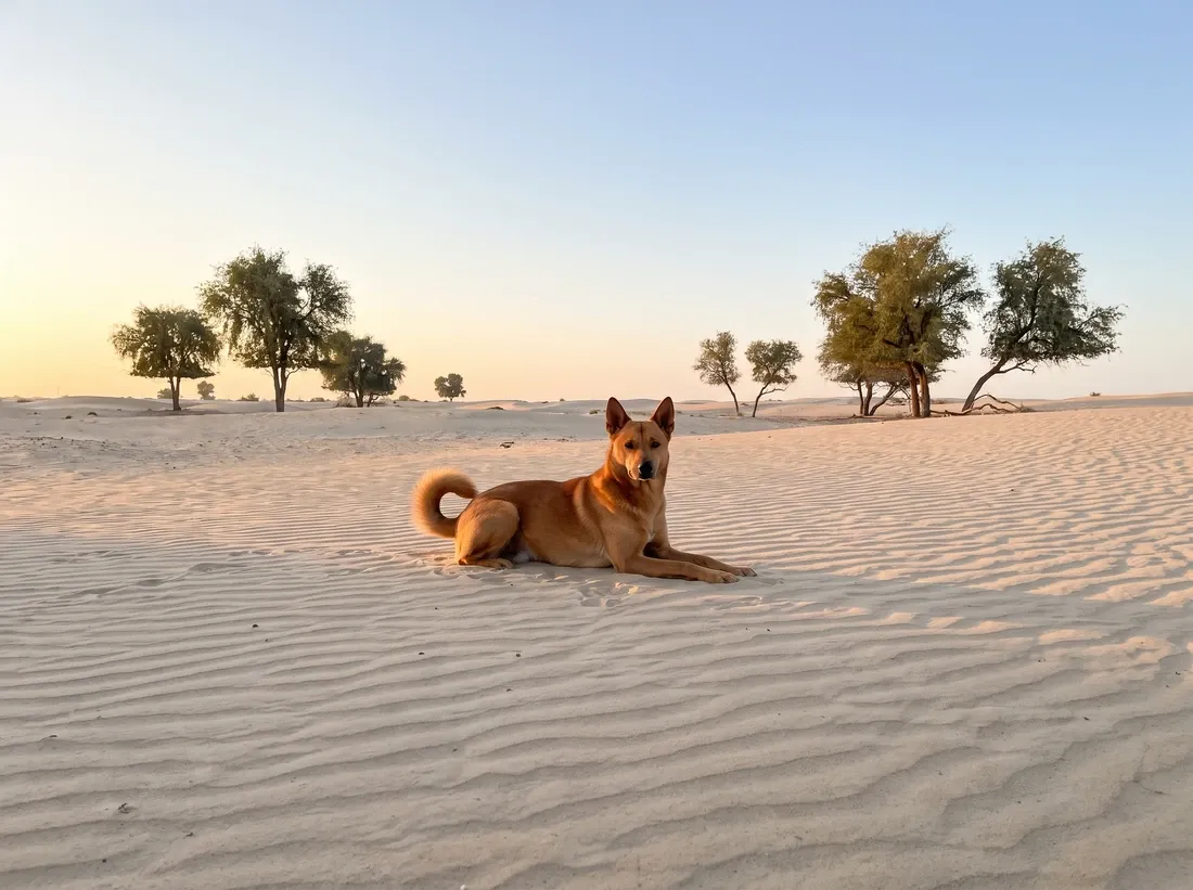 Canaan Dog in Dubai, a red adult lying with head up on pale desert sand among ghaf trees at dawn