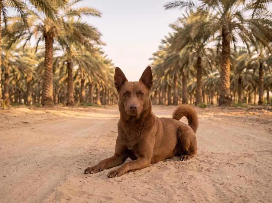Canaan Dog in Dubai, a liver brown adult lying on a sandy track between rows of date palms