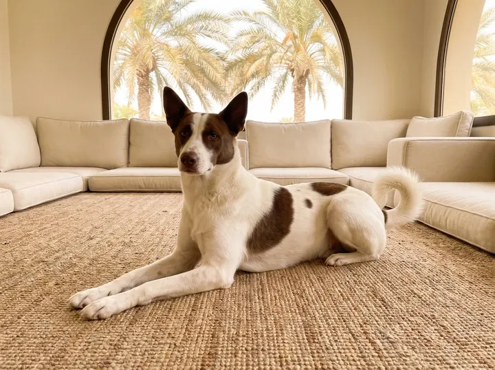 Canaan Dog in Dubai, a white adult with liver brown patches lying on a rug in a majlis below arched windows