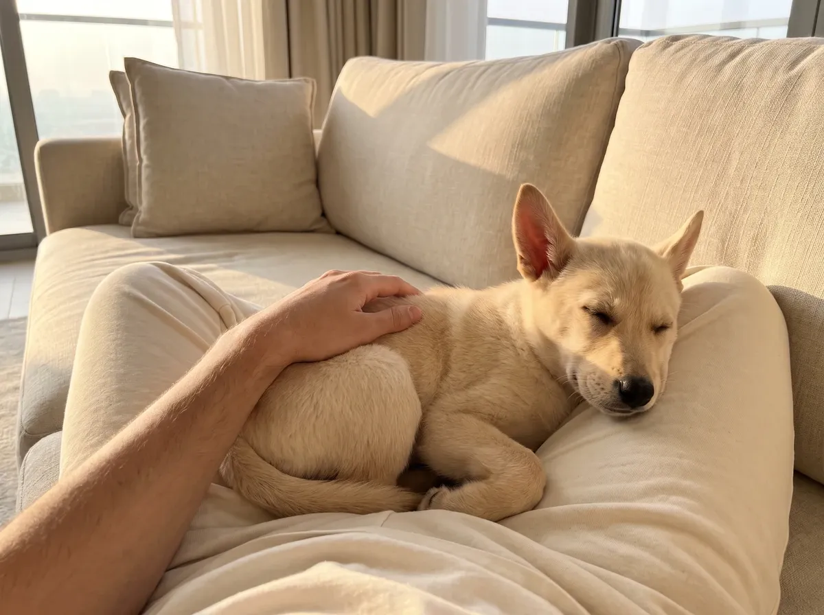 Canaan Dog, a cream puppy asleep in a pet parent's lap on a linen sofa