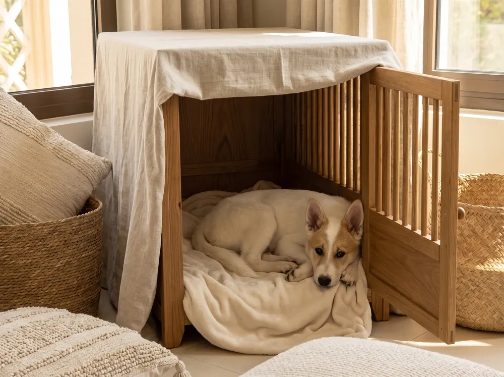 Canaan Dog, a white puppy with a sand mask curled up in a covered timber crate on a cream blanket