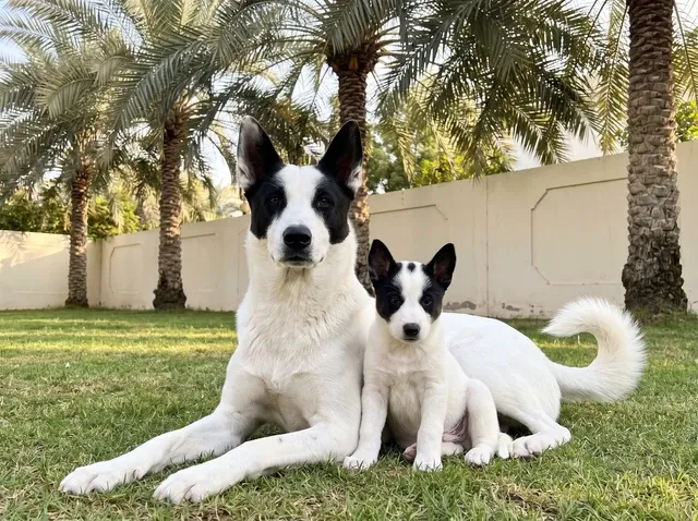 Canaan Dog in Dubai, a white mother with a black mask and a puppy on a villa lawn under date palms