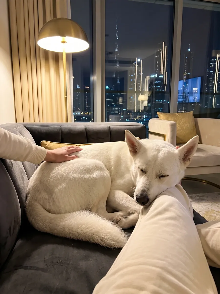 Canaan Dog in Dubai, a white adult asleep on a charcoal sofa against a pet parent's knee, the skyline at night