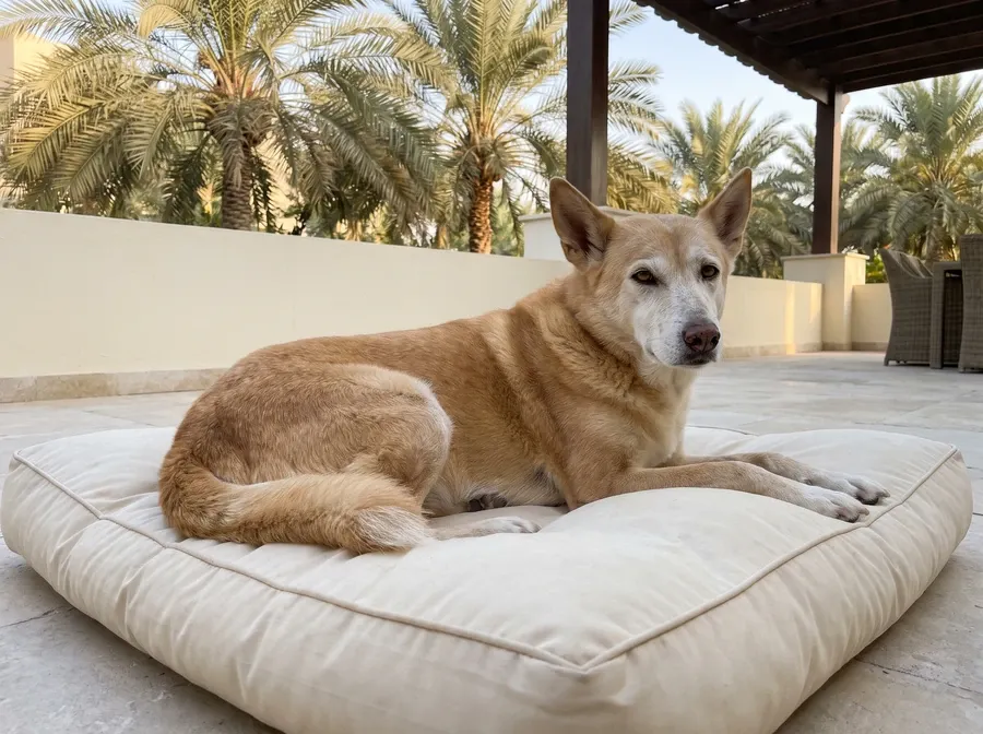 Canaan Dog in Dubai, an older sandy dog with a greying muzzle resting on a cream bed on a terrace among date palms