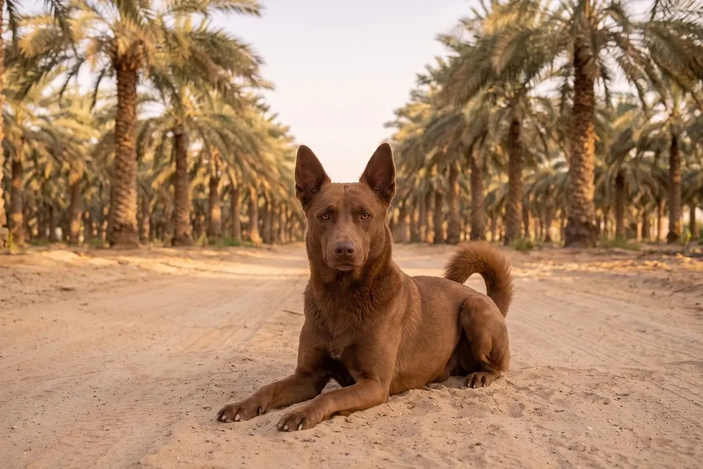 Canaan Dog history, a liver brown adult lying on a sandy track between rows of date palms