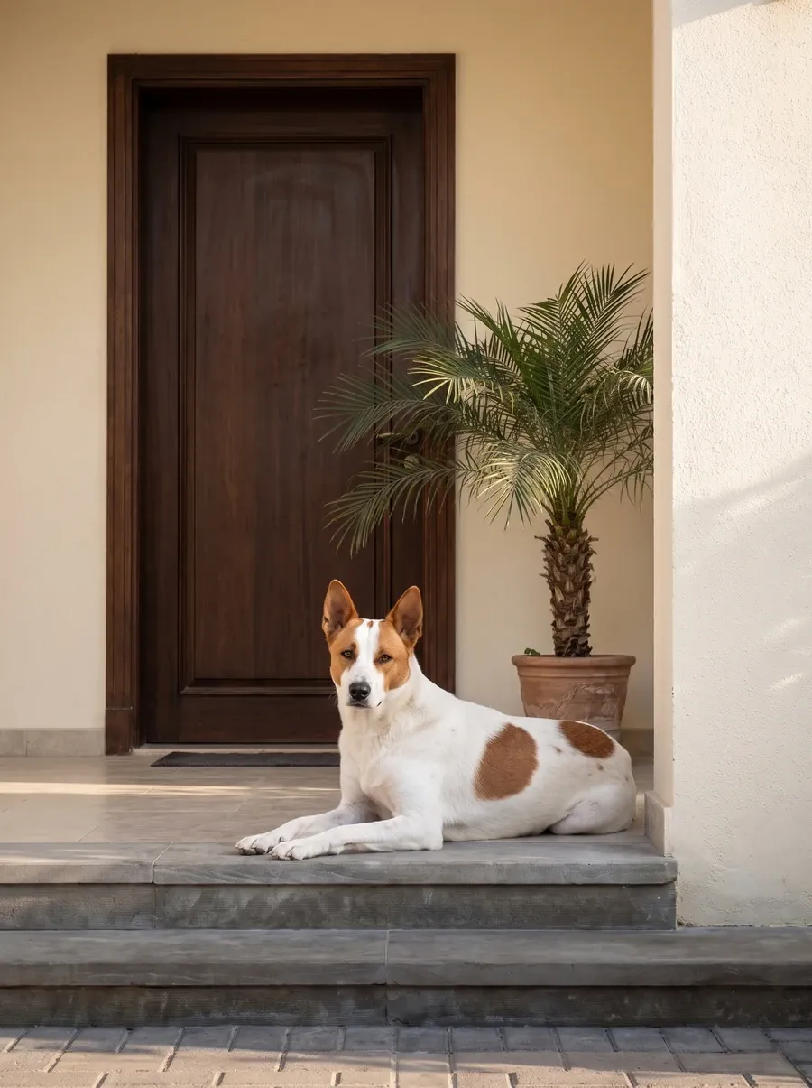 Canaan Dog, the same white and red adult lying on the cool front step of a villa beside a timber door