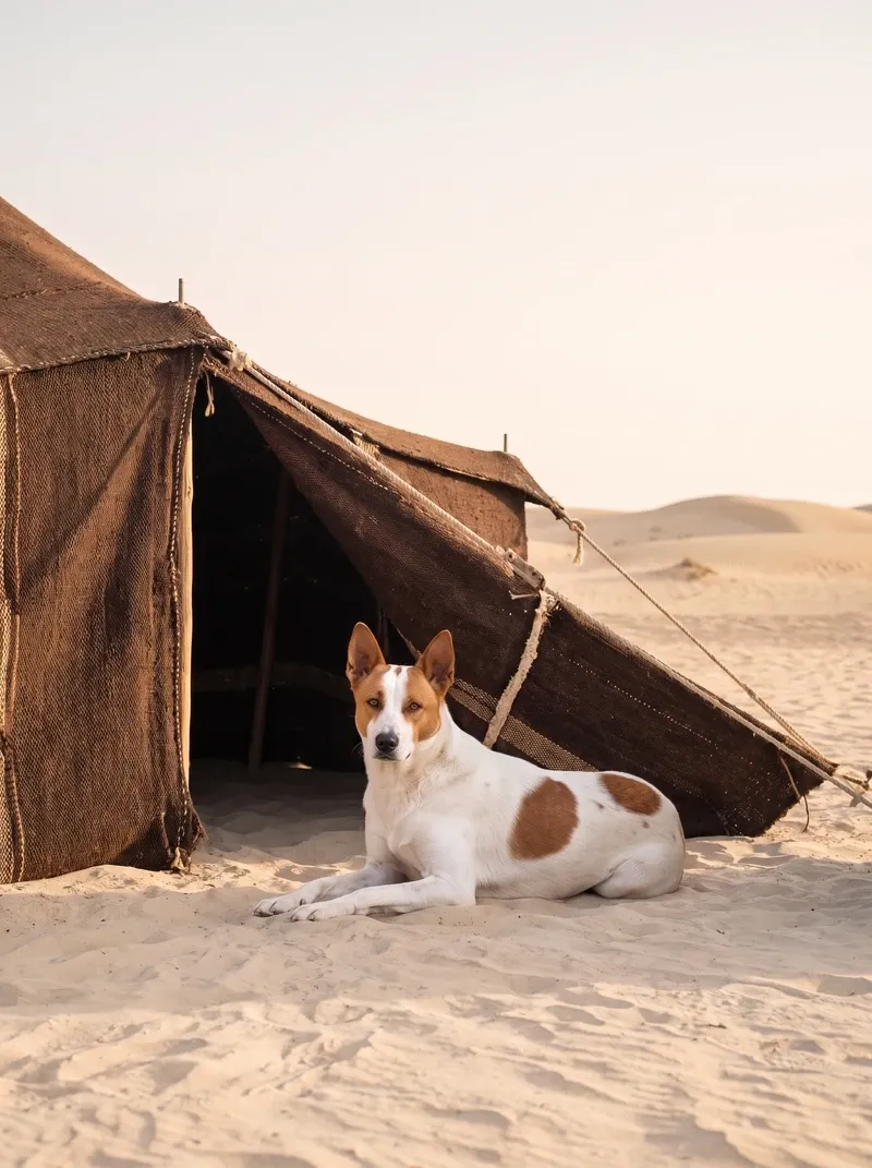 Canaan Dog, a white and red adult lying on desert sand beside a dark woven Bedouin tent