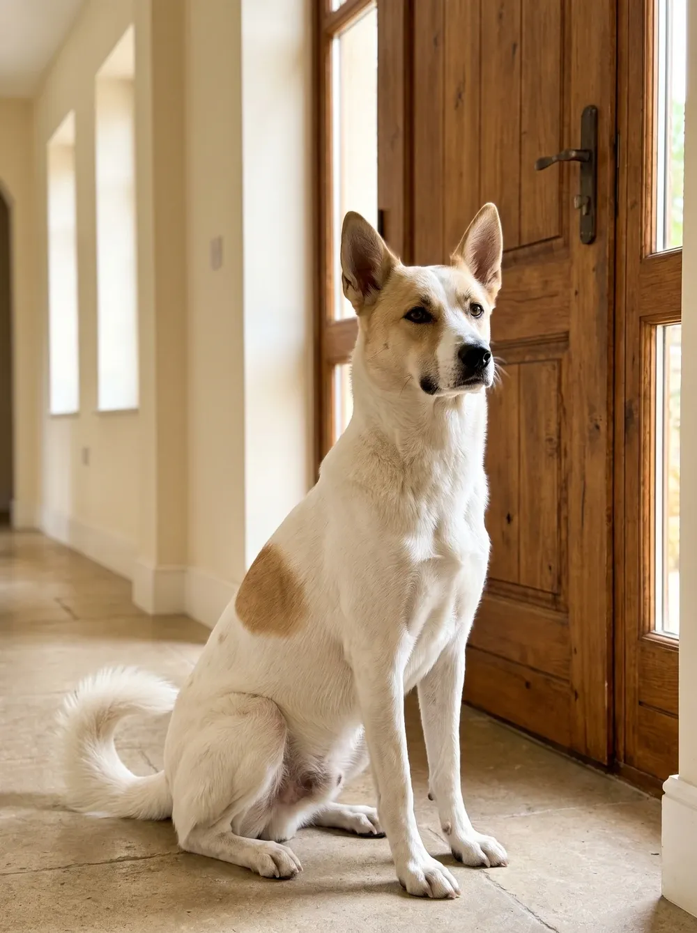 Canaan Dog, a white adult with a sand mask sitting alert in a cream hallway beside the front door