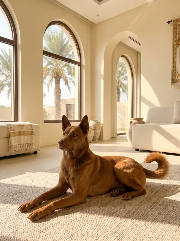 Canaan Dog in Dubai, a liver brown adult lying on a rug, watching the doorway, arched windows onto date palms
