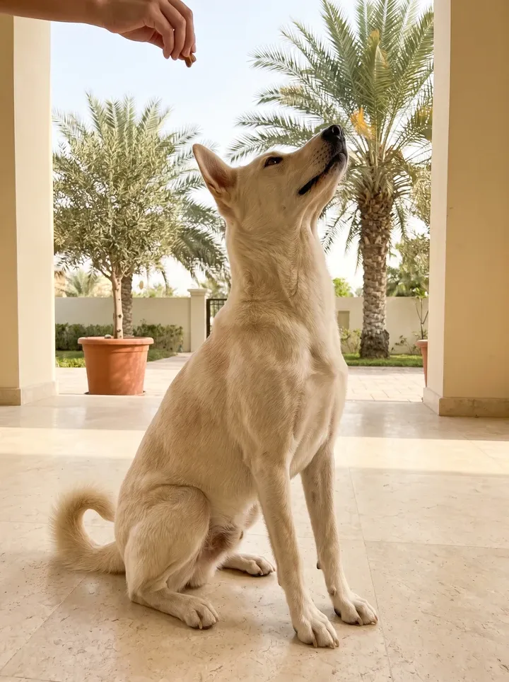 Canaan Dog in Dubai, a cream adult sitting on a villa terrace among date palms, looking up at a treat in a hand