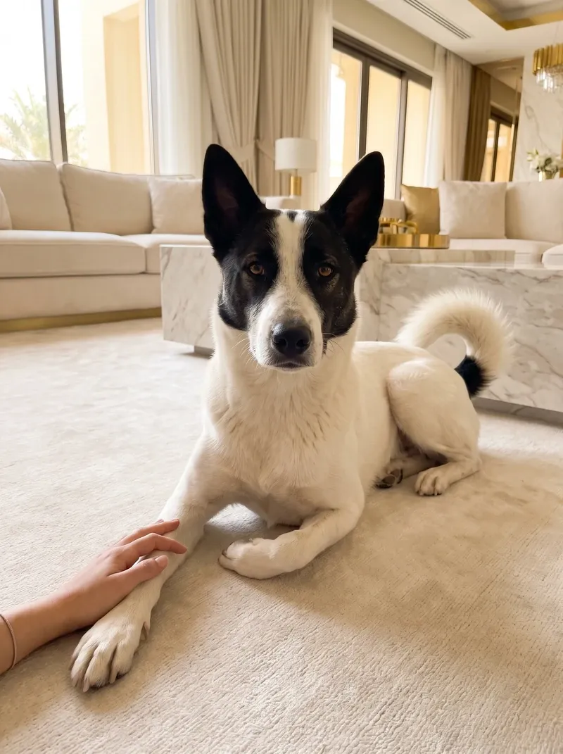 Canaan Dog, a white adult with a black mask lying on a cream rug as a hand rests on one front paw