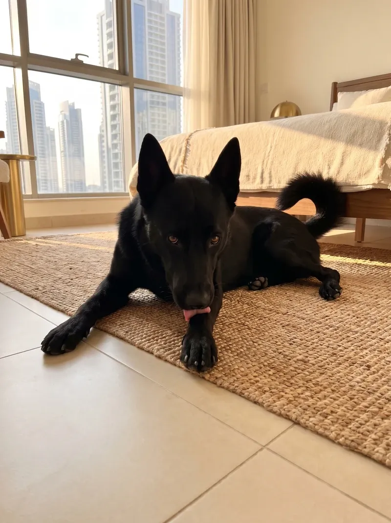 Canaan Dog in Dubai, a black adult lying on a jute rug licking a front paw, city towers through the window