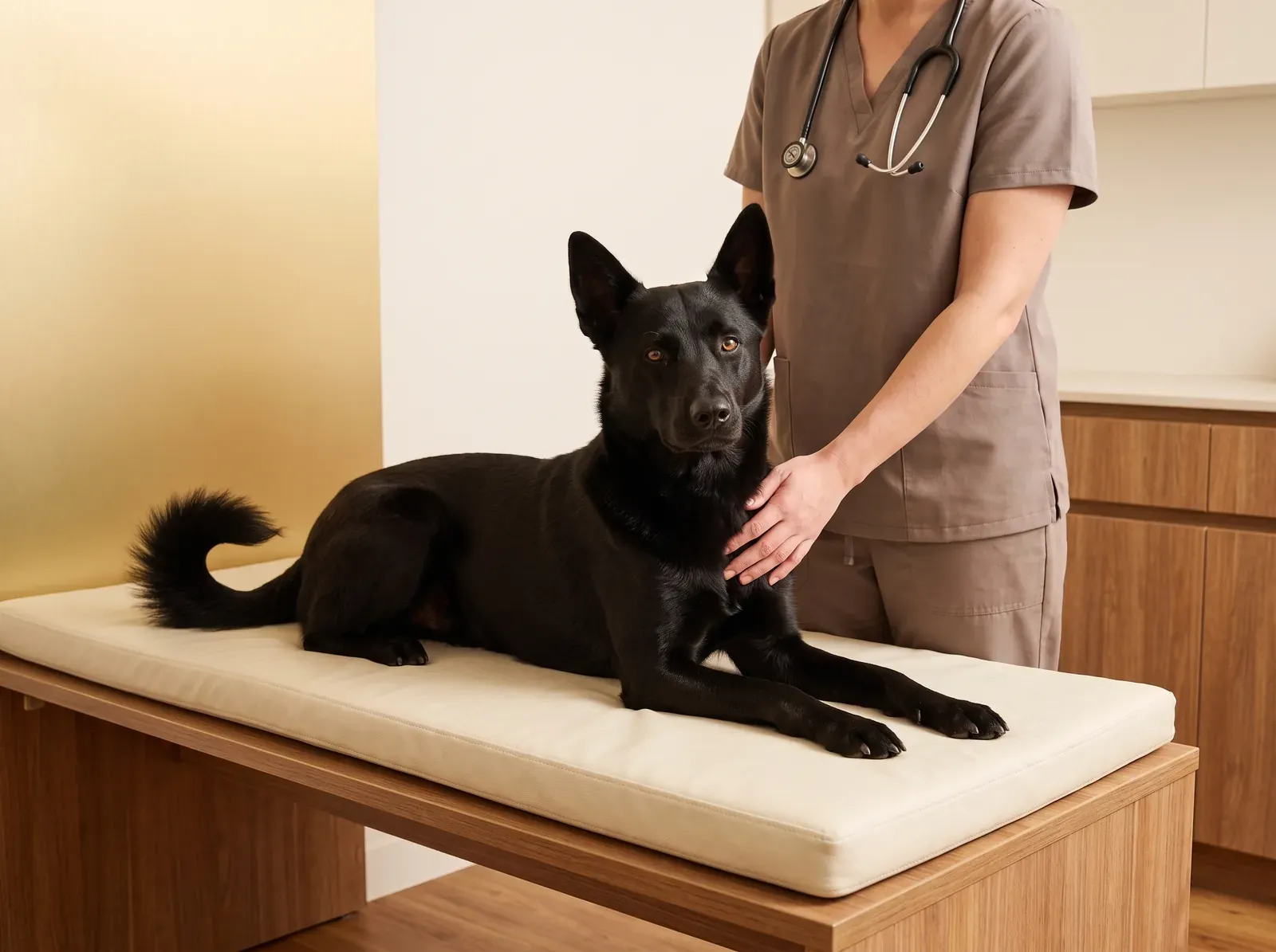 Canaan Dog, a black adult lying on a padded table as a vet in taupe scrubs rests a hand on their shoulder