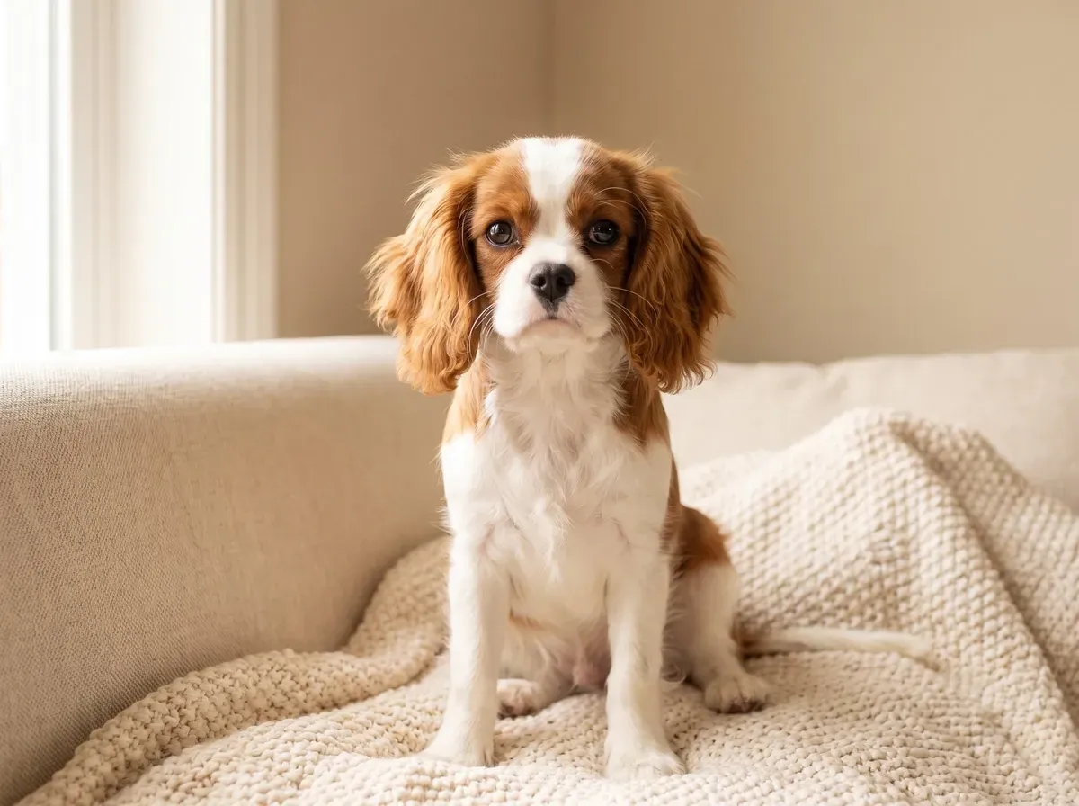Cavalier King Charles Spaniel, a Blenheim puppy sitting on a cream blanket on the sofa