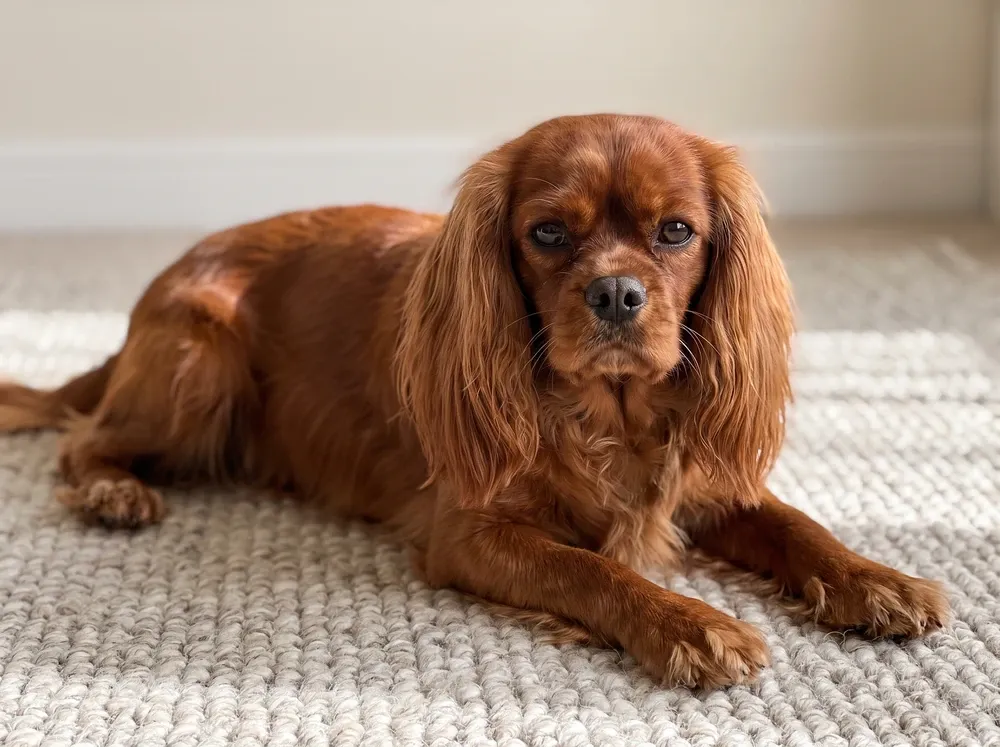 Cavalier King Charles Spaniel, a ruby adult, red all over, lying on a stone-coloured rug