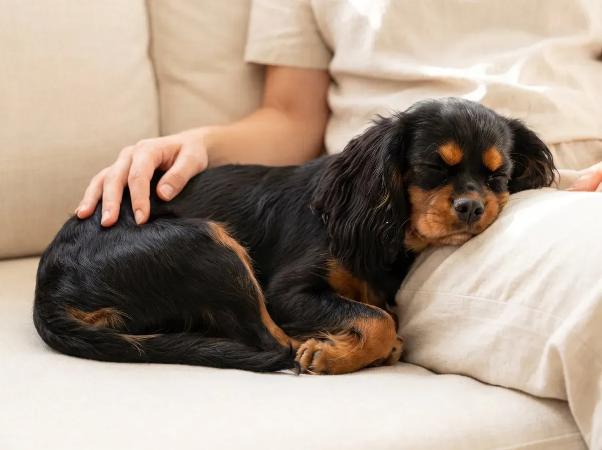 Cavalier King Charles Spaniel, a black and tan adult asleep against a pet parent on the sofa