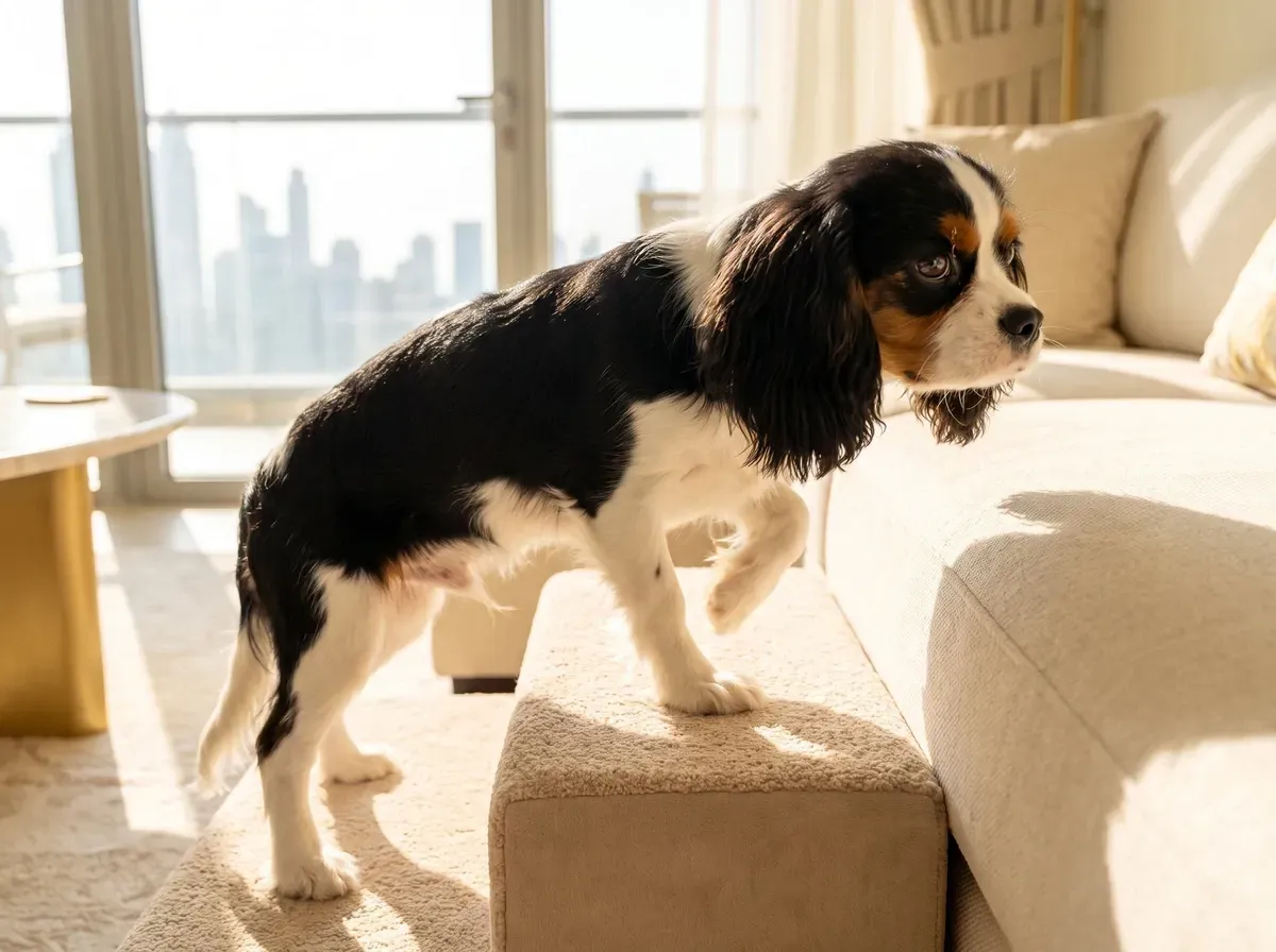 Cavalier King Charles Spaniel in Dubai, a tricolour adult on pet steps to a sofa, the skyline behind