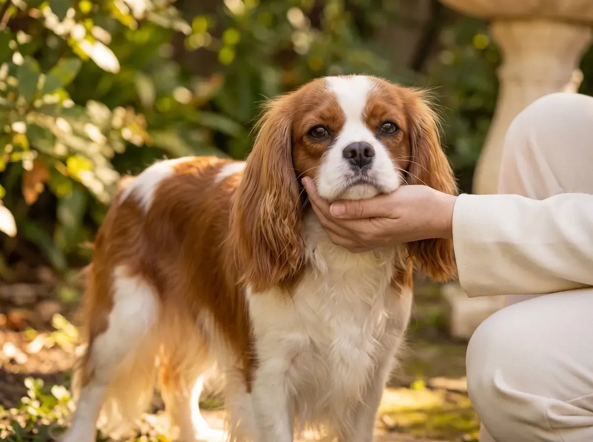 Cavalier King Charles Spaniel, a Blenheim adult in a garden, a kneeling pet parent's hand under the chin