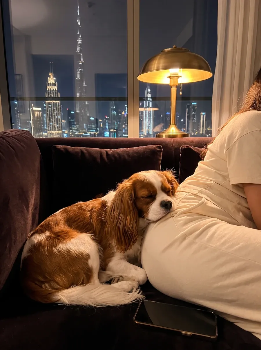 Cavalier King Charles Spaniel in Dubai, a Blenheim adult asleep against a pet parent at night, Burj Khalifa behind