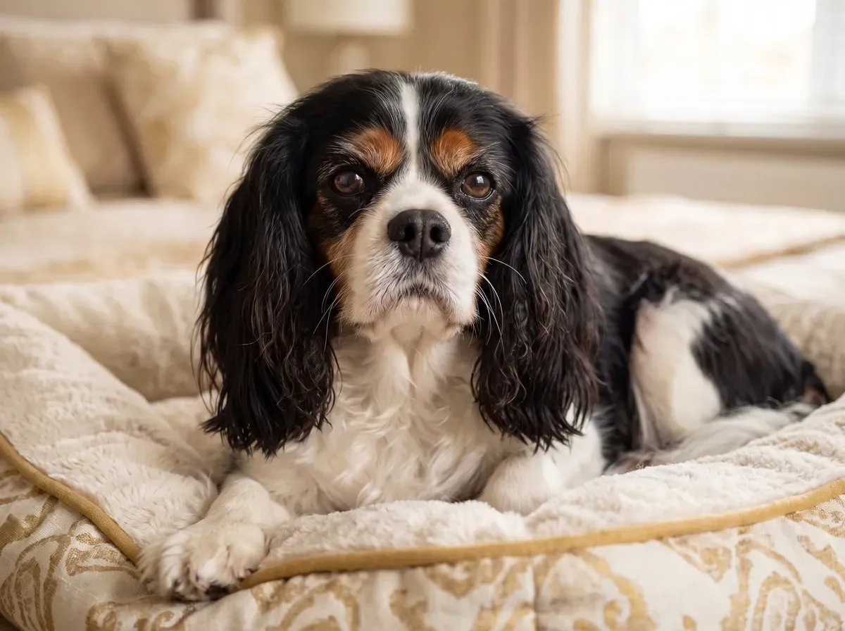 Cavalier King Charles Spaniel, an older tricolour dog resting on a soft cushioned bed