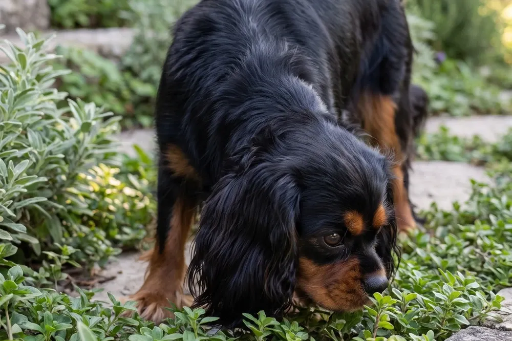 Cavalier King Charles Spaniel history, a black and tan adult sniffing along a garden border