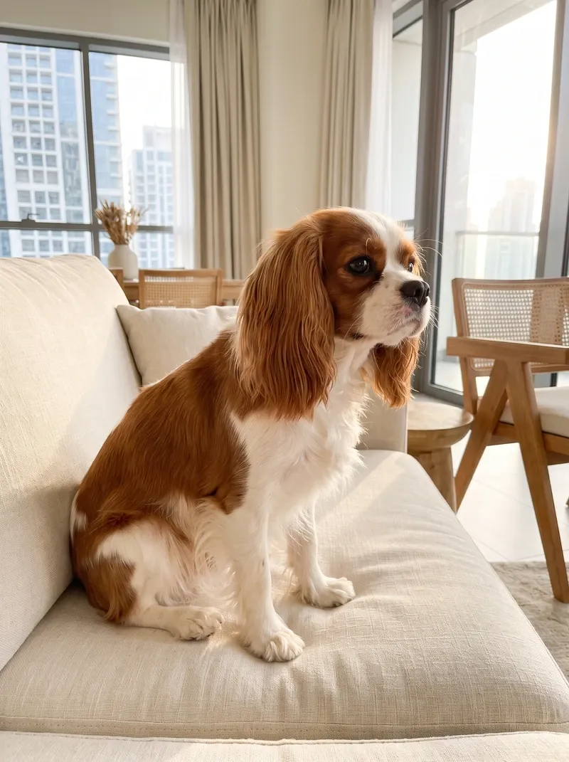 Cavalier King Charles Spaniel in Dubai, a Blenheim adult on a cream sofa in a bright flat, towers behind