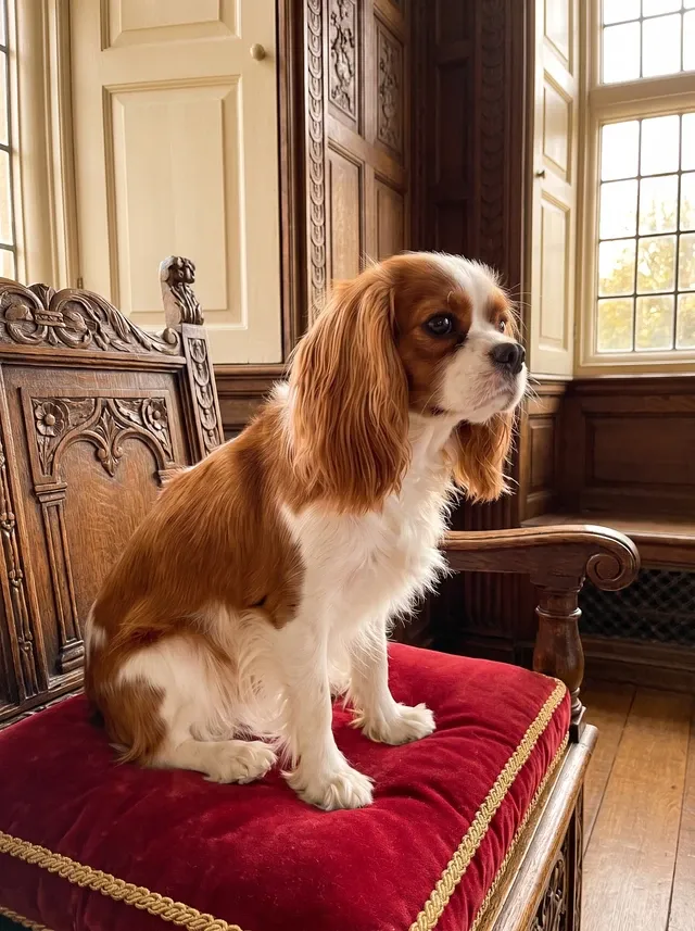 Cavalier King Charles Spaniel, a Blenheim adult on a red velvet cushion in a panelled period room