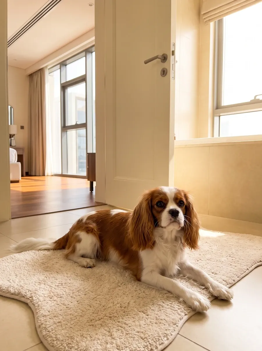 Cavalier King Charles Spaniel, a Blenheim adult lying on a bath mat by an open door in a bright flat