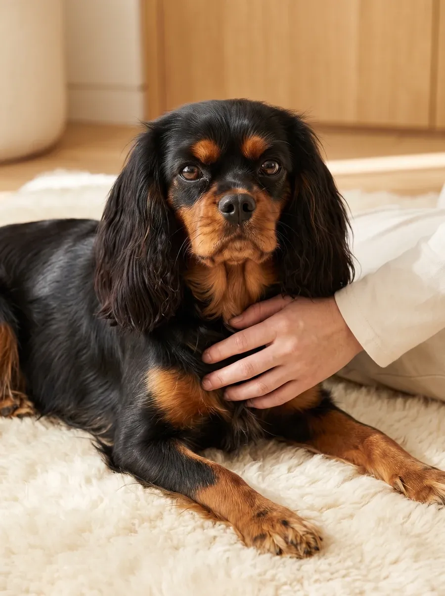 Cavalier King Charles Spaniel, a black and tan adult on a cream rug, a hand on the dog's chest