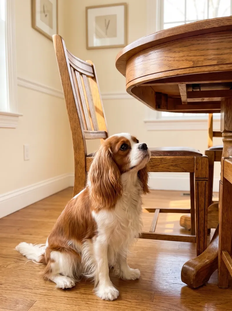 Cavalier King Charles Spaniel, a Blenheim adult sitting by a dining chair, looking up at the table