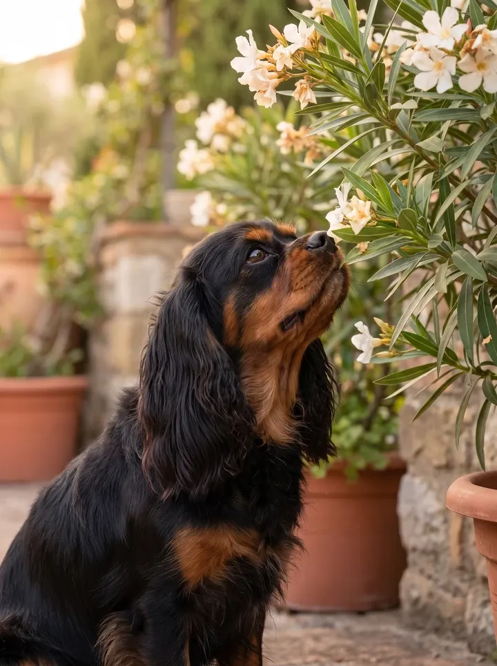 Cavalier King Charles Spaniel, a black and tan adult sniffing a flowering shrub in a garden
