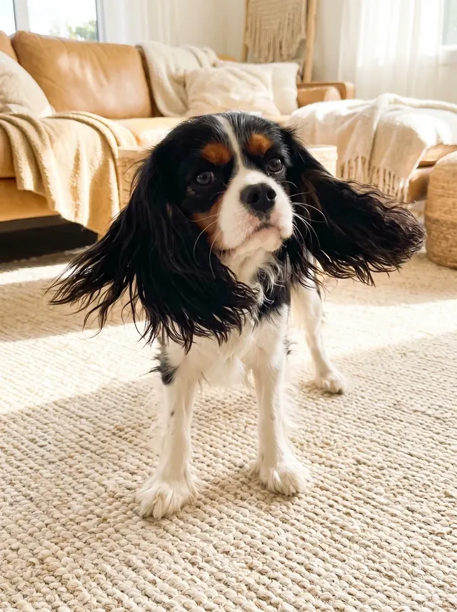 Cavalier King Charles Spaniel, a tricolour adult mid head shake on a woven rug, long ears flying
