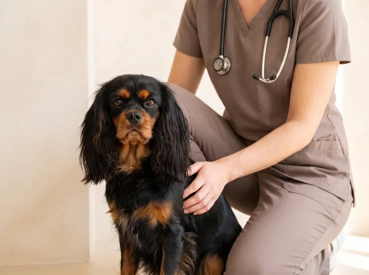 Cavalier King Charles Spaniel, a black and tan adult beside a kneeling vet in taupe scrubs