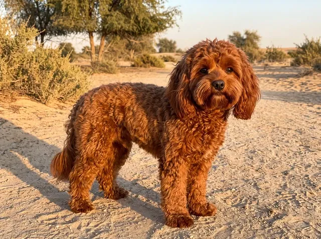 Cavapoo, a ruby red adult standing on a sandy path at golden hour, one of the cross's many looks