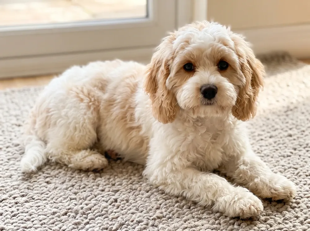 Cavapoo, a cream and white puppy lying on a stone-coloured rug