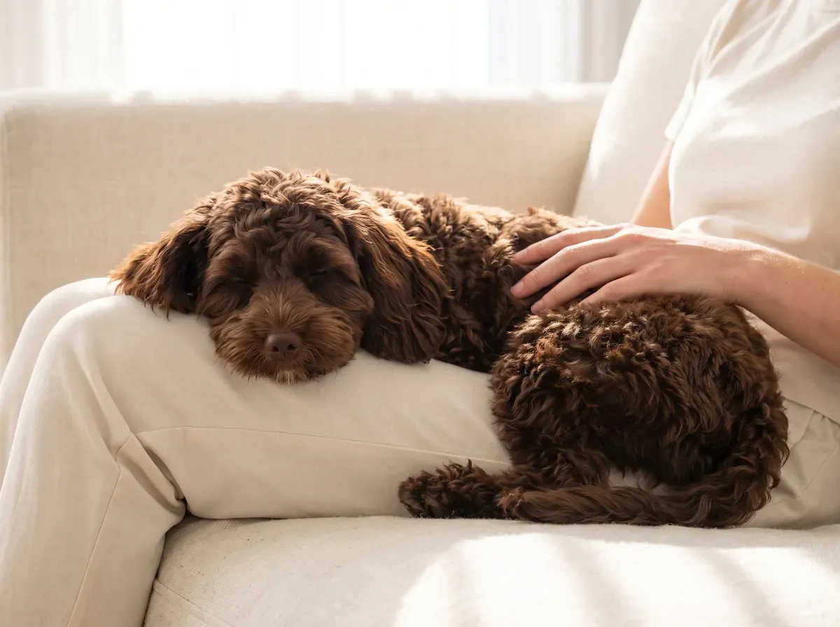 Cavapoo, a chocolate puppy asleep in a pet parent's lap on the sofa