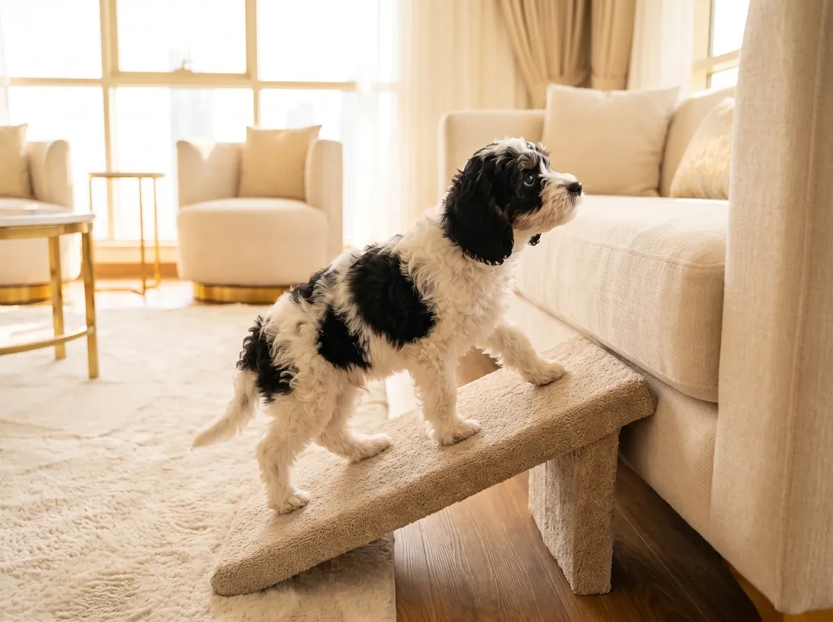 Cavapoo, a black and white puppy climbing a small ramp up to a cream sofa