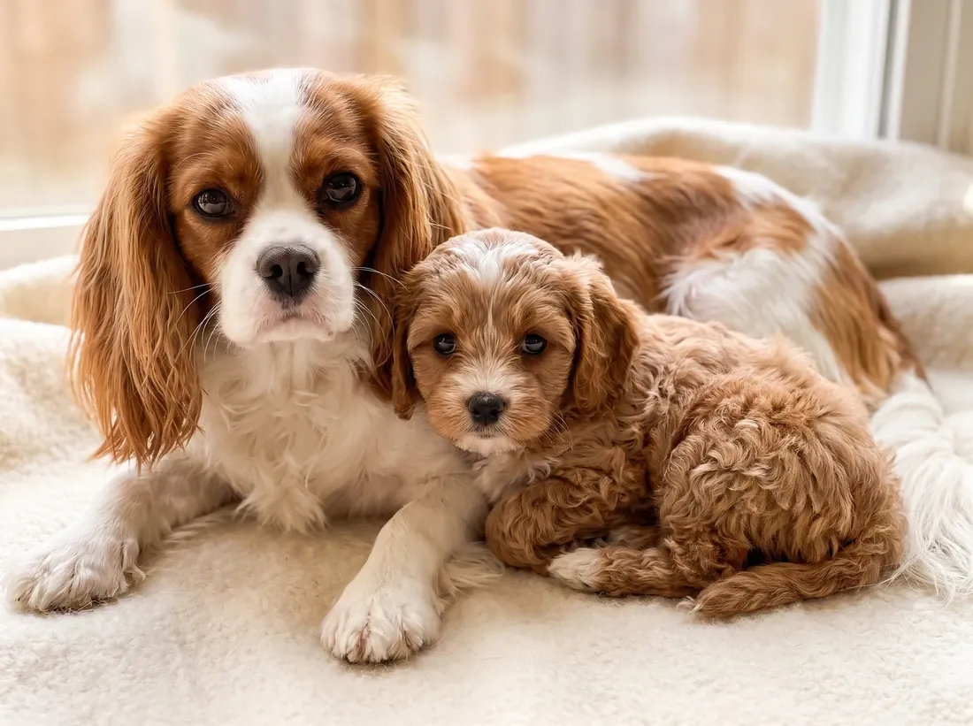 Cavapoo, a Cavalier King Charles Spaniel mother lying on a blanket with an apricot puppy