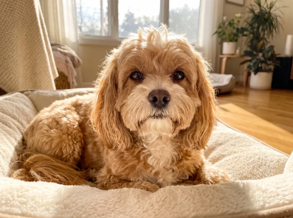 Cavapoo, an older apricot dog with a pale muzzle resting on a cushioned bed