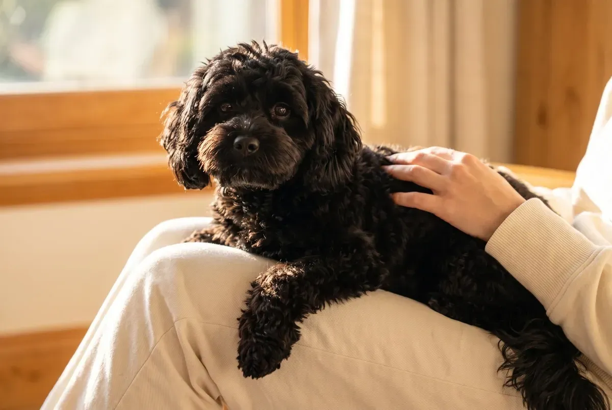 Cavapoo history, the first crosses, a small black curly-coated adult on a pet parent's lap