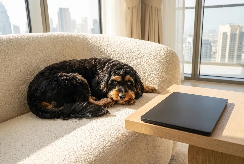Cavapoo history, the breed today, a black and tan adult curled on a sofa beside a laptop, the Dubai skyline behind