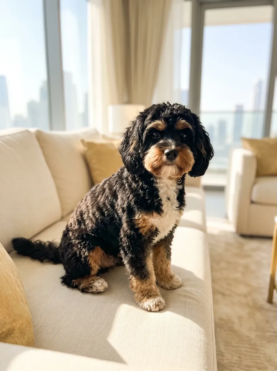 Cavapoo in Dubai, the same tricolour adult sitting on a cream sofa, the skyline through the window