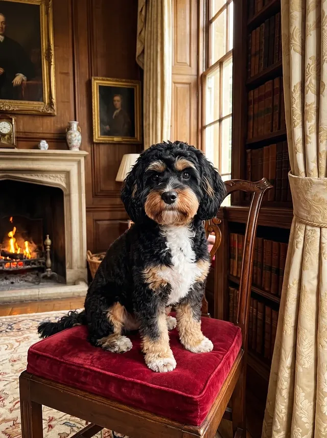 Cavapoo, a tricolour adult sitting on a red velvet chair by a fireplace in a panelled room