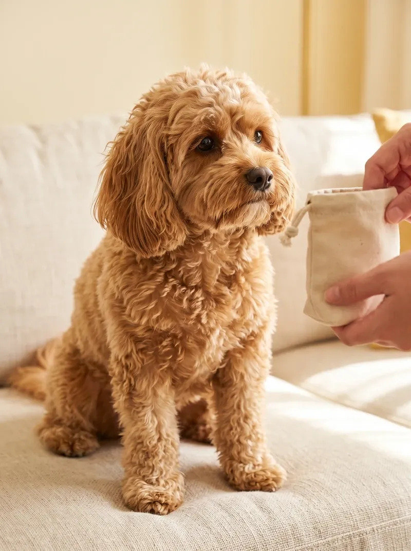Cavapoo, a gold adult sitting up on a sofa, watching a hand holding a treat pouch