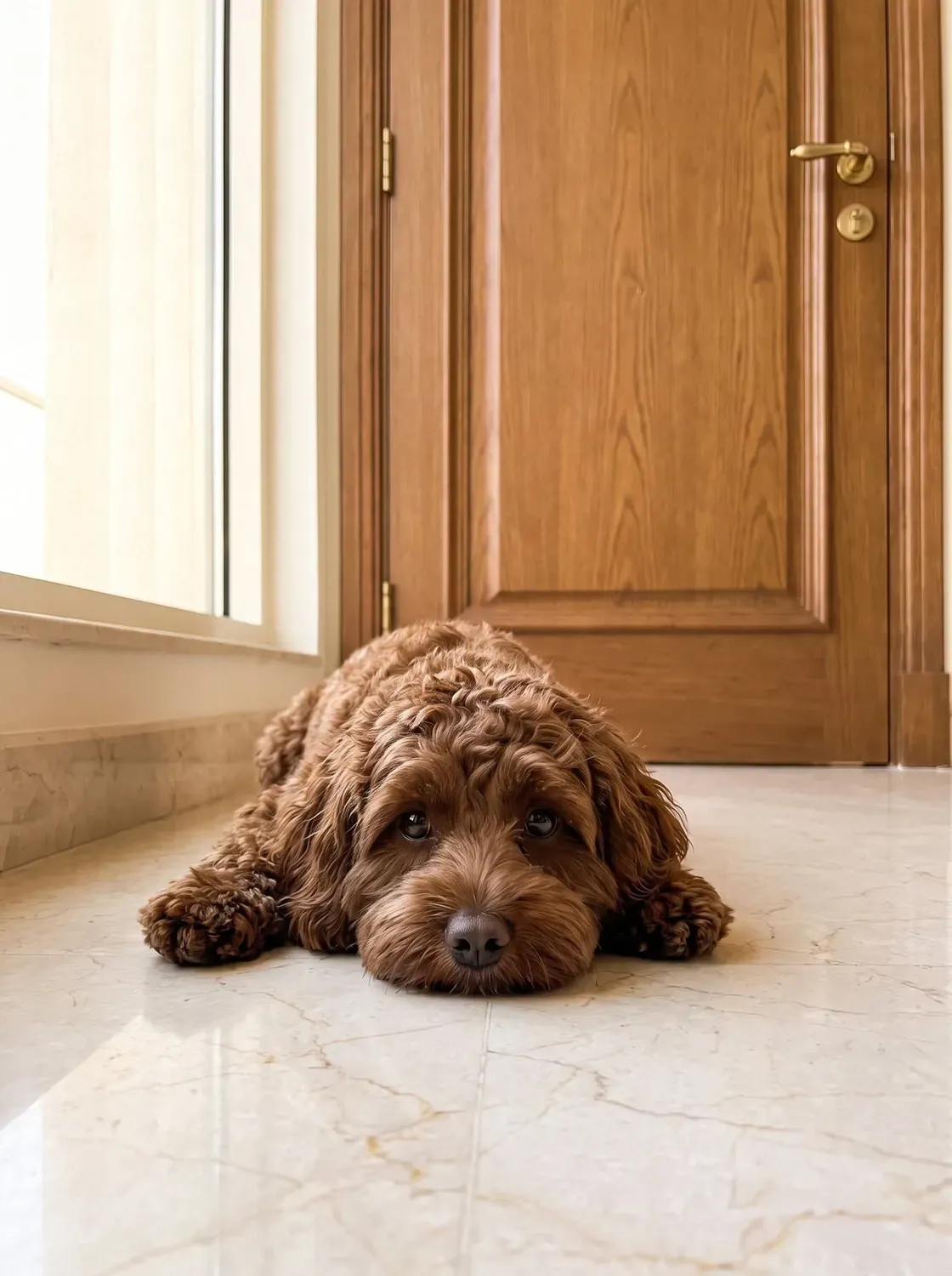 Cavapoo, a chocolate adult lying outside a closed door on a marble floor, chin on paws