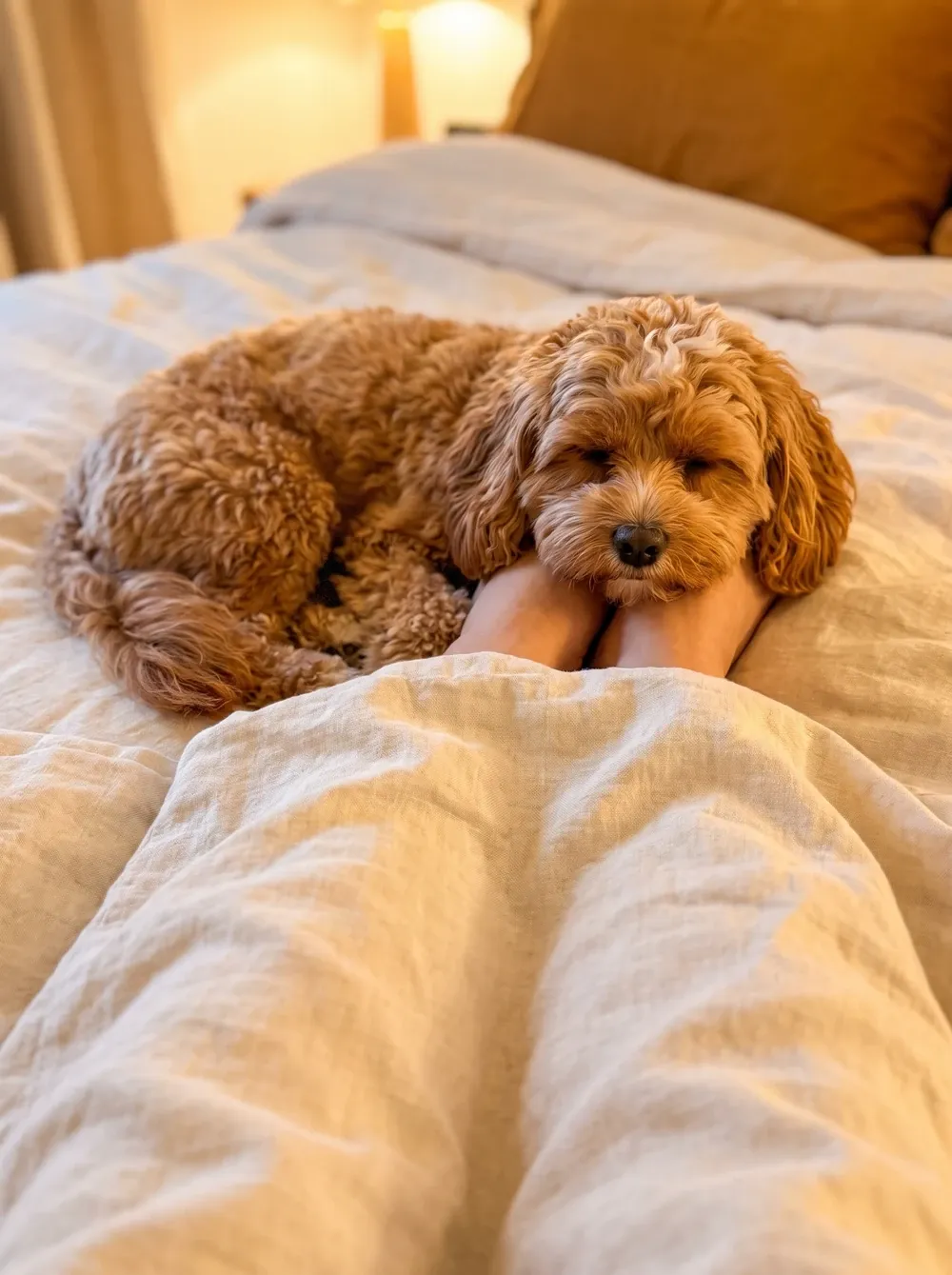 Cavapoo, an apricot adult asleep across a pet parent's feet at the end of a bed