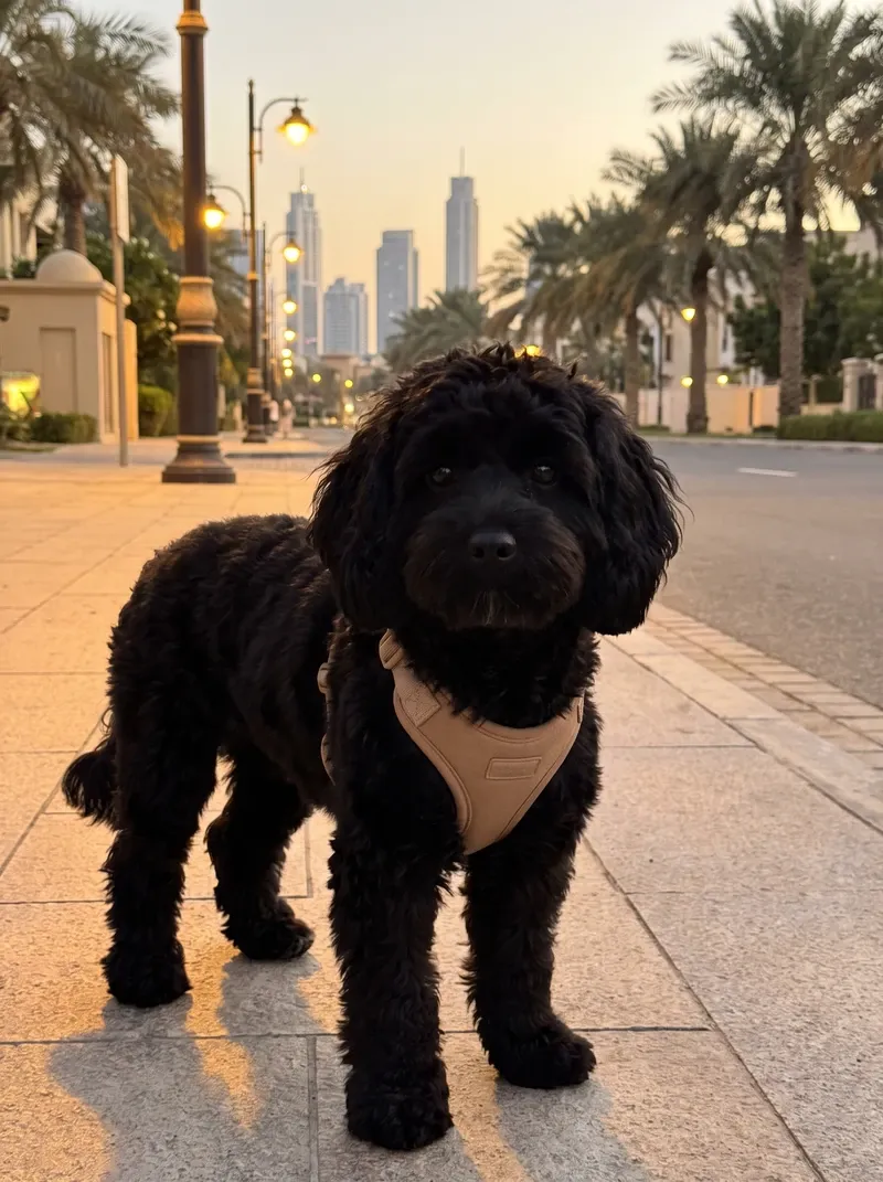 Cavapoo in Dubai, a black adult in a soft harness on an evening walk along a street lined with palms