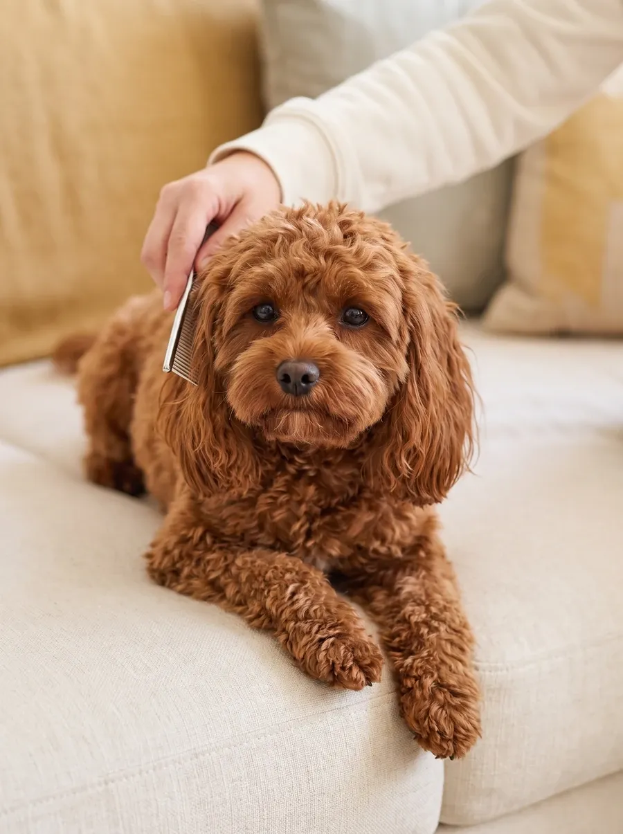Cavapoo, a pet parent combing gently behind a ruby adult's ear on the sofa