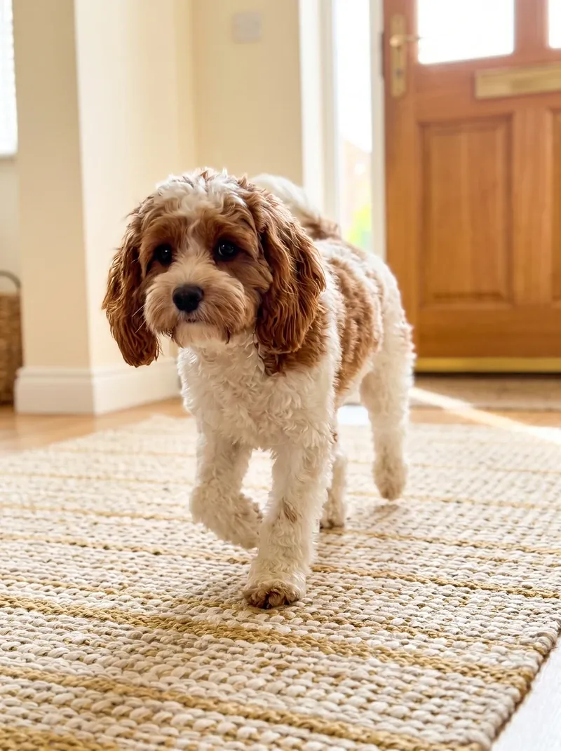 Cavapoo, a red and white puppy trotting across a rug by the front door